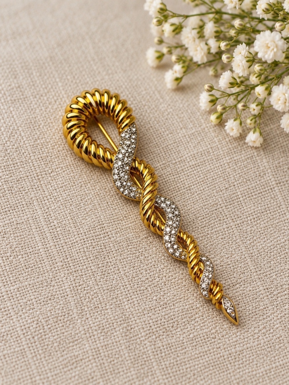 Vintage Gold & Pavé Crystal Twisted Ribbon Brooch